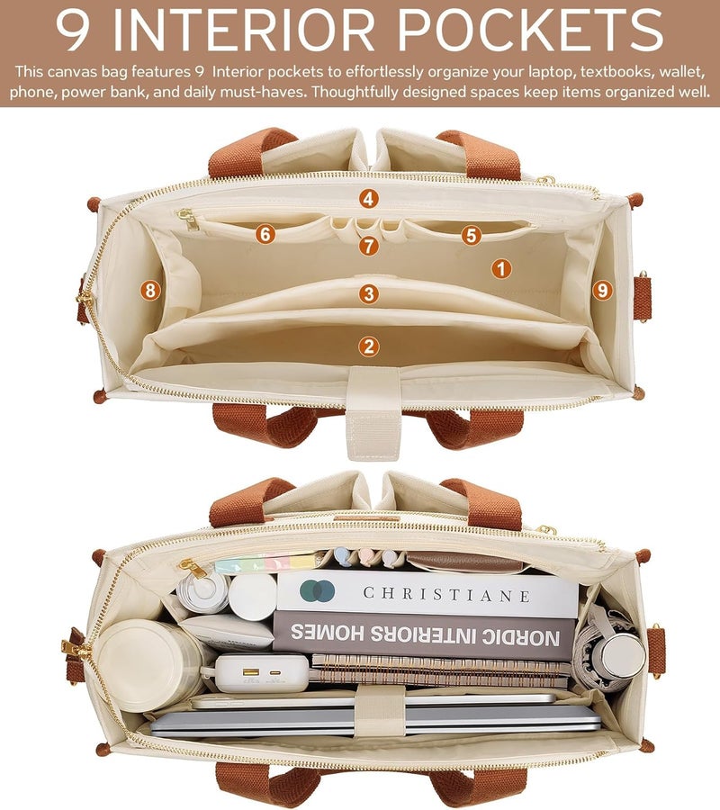 Bagstellar Canvas Tote Bag for Women, 15-Pockets Work Laptop Tote Purse Large Crossbody Nurse Teacher Bible Bag for School Travel Daily | Lightweight Canvas, Computer Laptop Bag, Two Size, Daily Bag, College Shoulder Bag, Travel Luggage Strap, Spacious, Top Zipper - Image 3